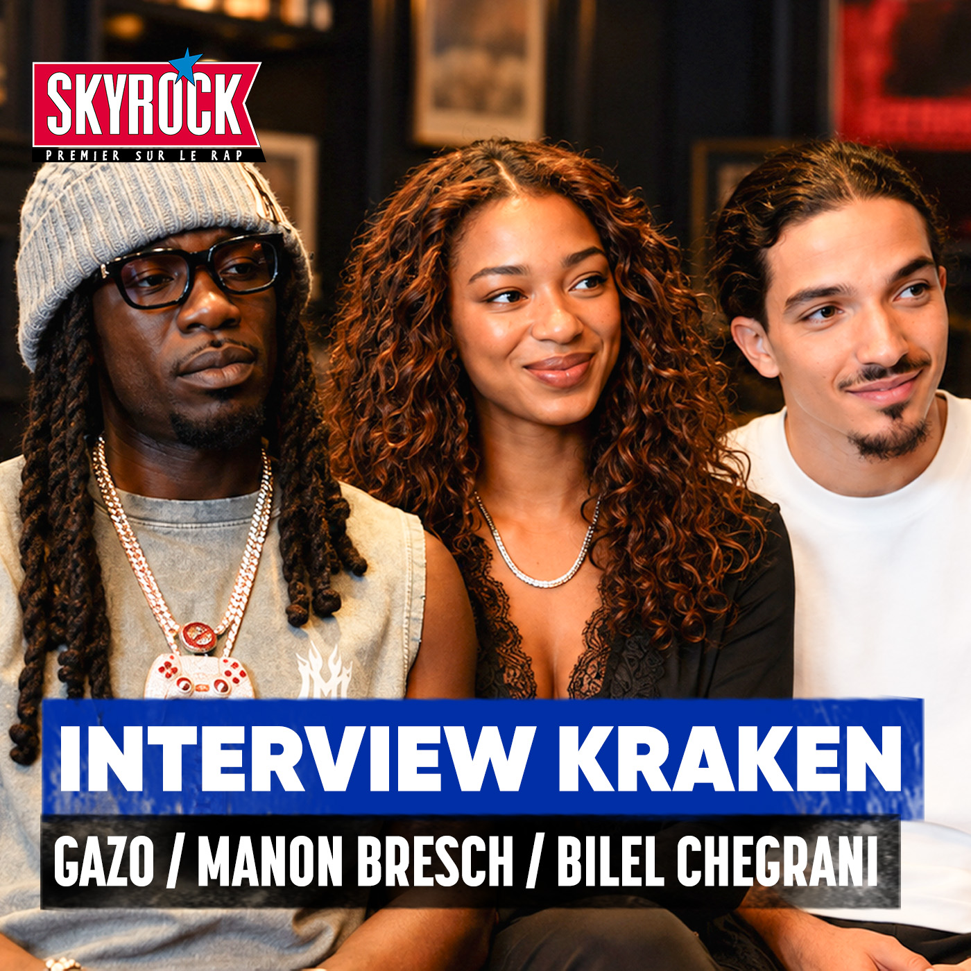 Pochette Gazo, Manon Bresch et Bilel Chegrani au micro d'Mrik pour Kraken !